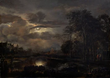 Landschap bij maanlicht met brug
